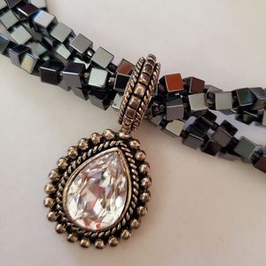 RJ GRAZIANO Chunky Multi Strand Hematite Necklace with Swarovski Pear Shape Drop